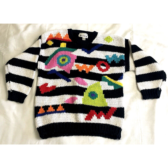 One Step Up Knotted By Hand 80”s Sweater Women’s Sz M Black/White Pullover - Picture 1 of 6